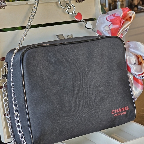 Chanel Black Travel Bag w/Chain Strap & Scarf Added - Picture 13 of 16